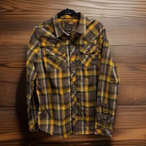 prAna Holstad Shirt Medium Western Plaid Snap Button Long Sleeve Organic Cotton